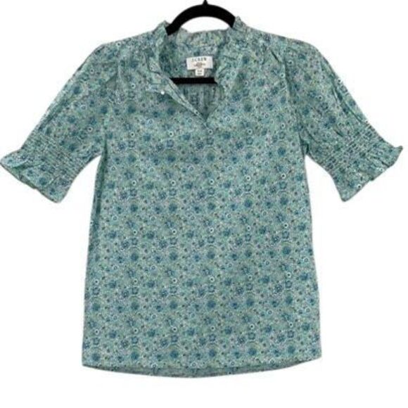 J. Crew Blue Green Liberty Amelie Floral Puff Sleeve Ruffle Blouse Top Size XXS - Picture 1 of 7